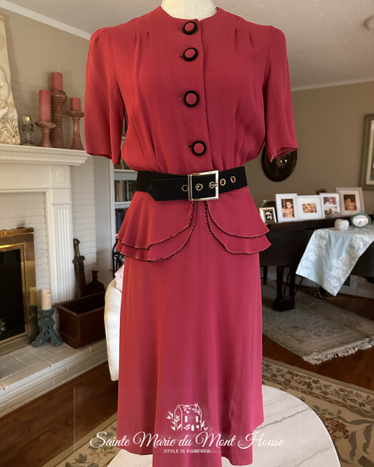 1940s - 1950s Dark Pink Dress with Black Stitching