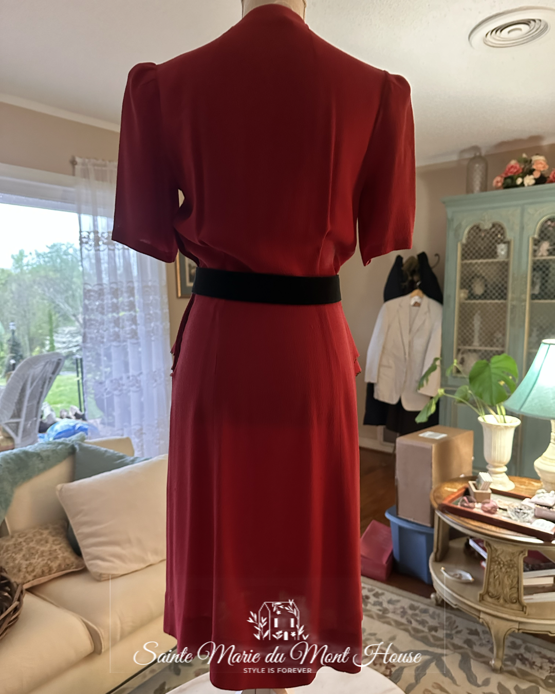 1940s - 1950s Dark Pink Dress with Black Stitching