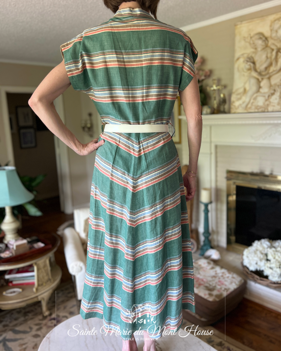 50's Cotton Striped, Green, Pink & Blue Dress