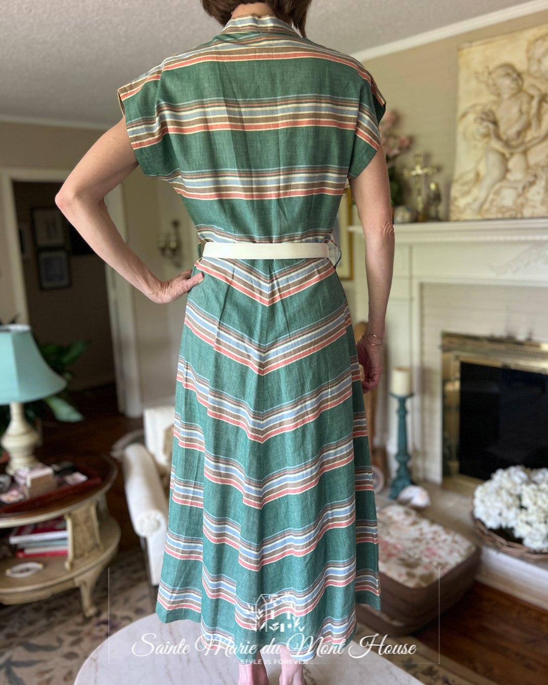 1950's Cotton Striped, Green, Pink & Blue Dress