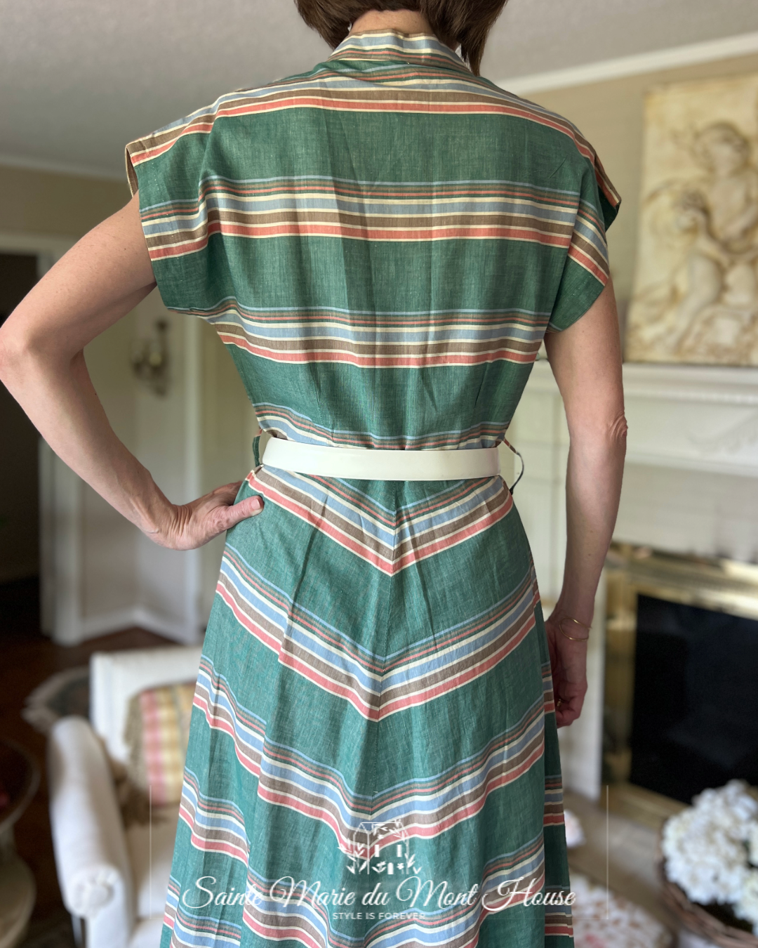 50's Cotton Striped, Green, Pink & Blue Dress