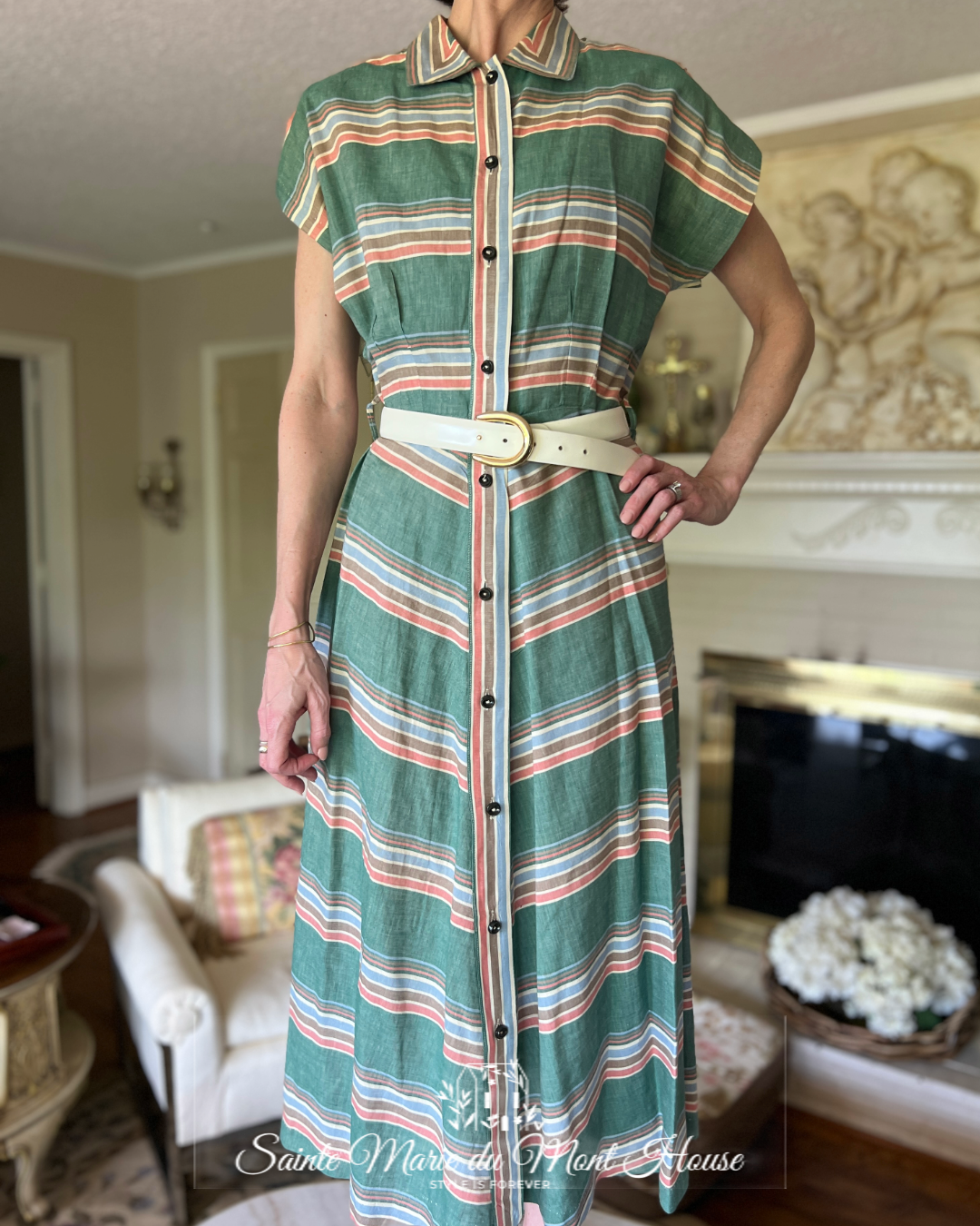 1950's Cotton Striped, Green, Pink & Blue Dress