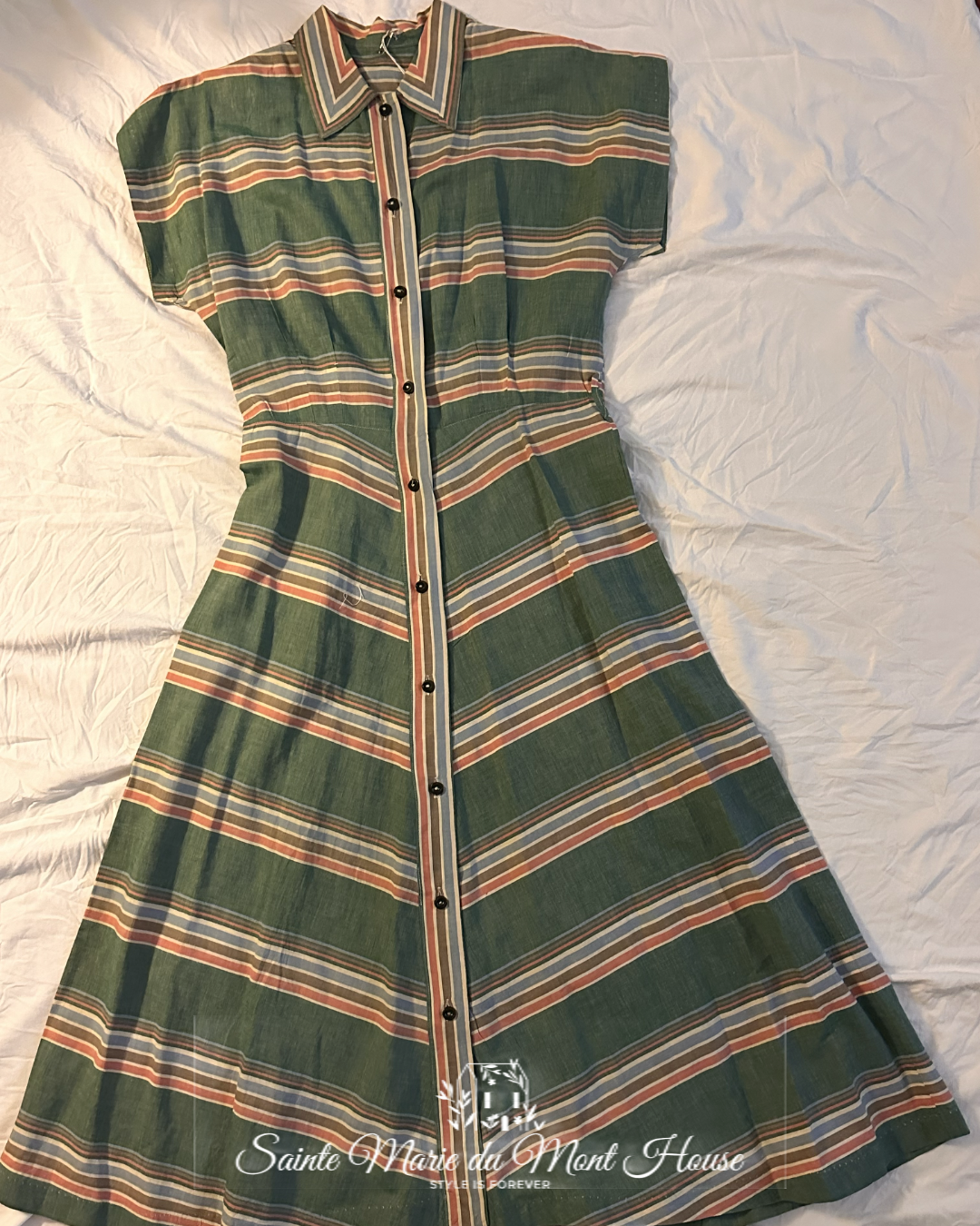 1950's Cotton Striped, Green, Pink & Blue Dress