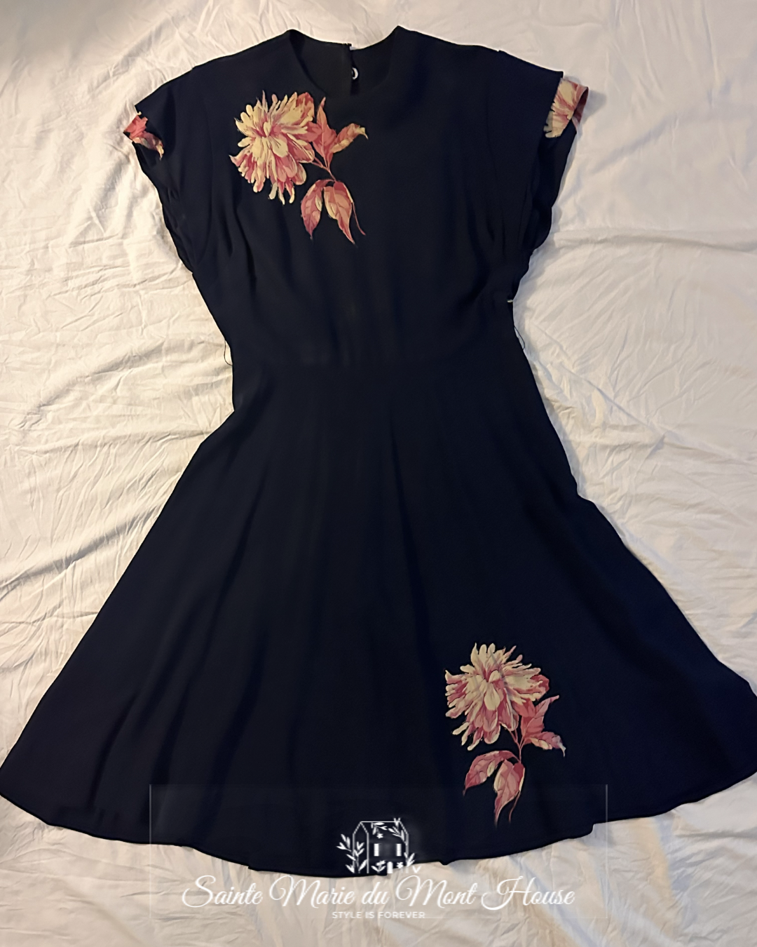 1950's Navy Rayon Dress with Large Pink Flowers on Top & Skirt