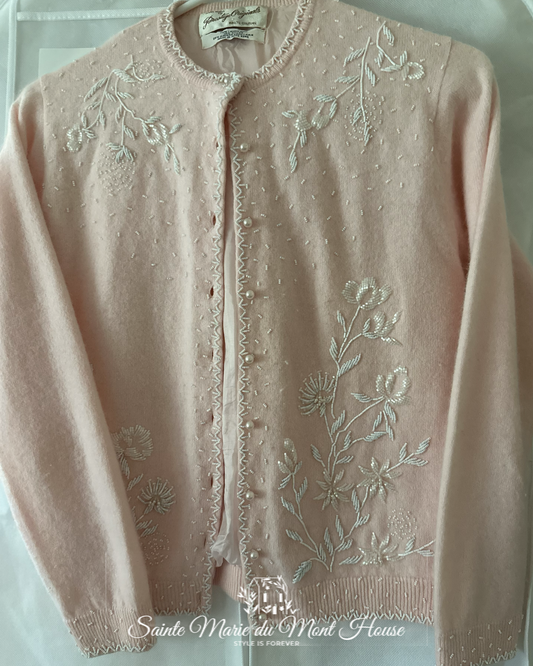 1950's -60's Prestige Originals Pink Lamb's Wool Sweater with Pearls