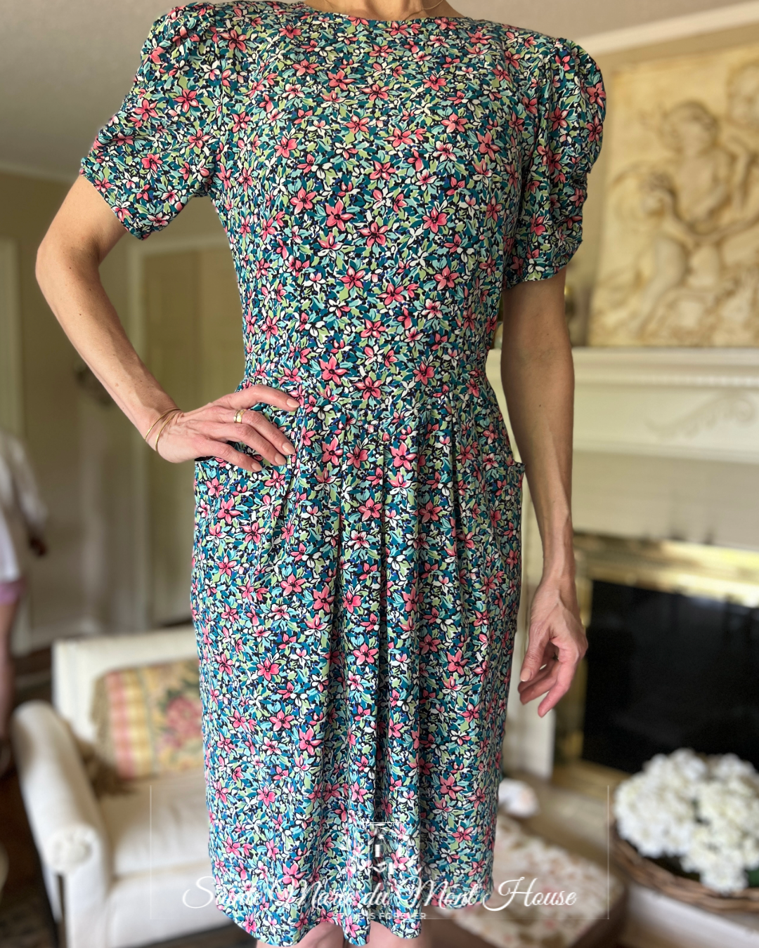 1940's - 1950's Blue Floral Rayon Dress