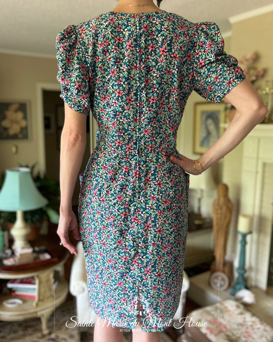 1940's - 1950's Blue Floral Rayon Dress